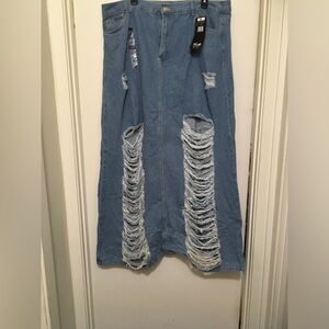 Distressed Blue Denim Maxi Skirt